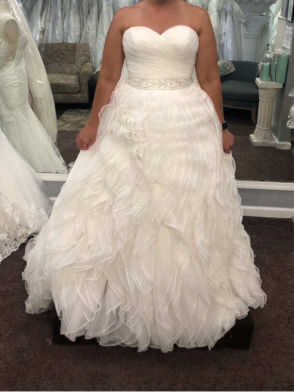 Alfred Angelo Strapless White Ruffled Gown with Beaded Waistband
